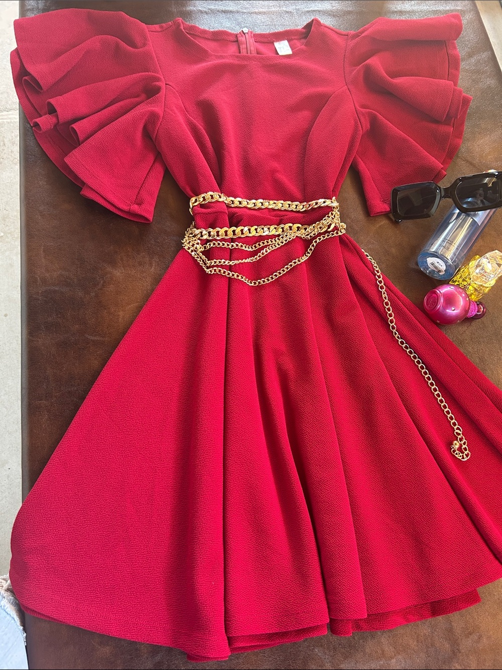 Red Ruffle Sleeve Fit & Flare Dress with Gold Chain Belt